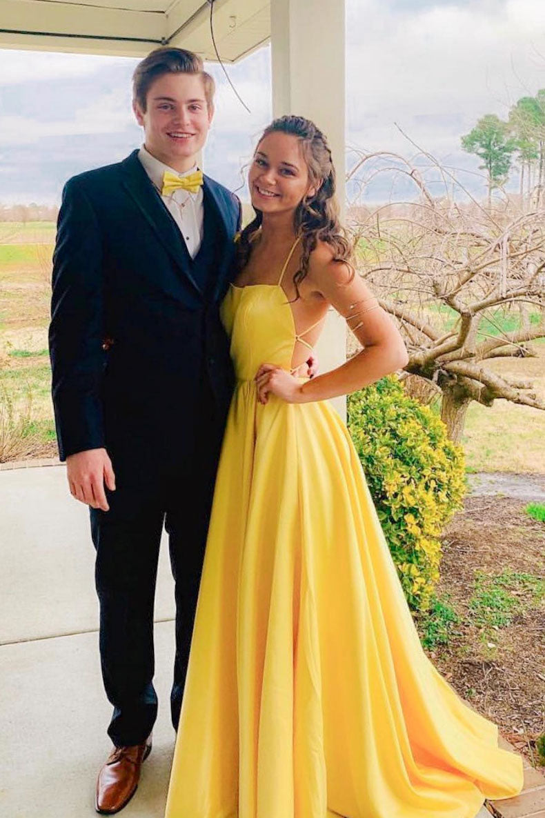 Simple yellow long prom dress, yellow evening dress
