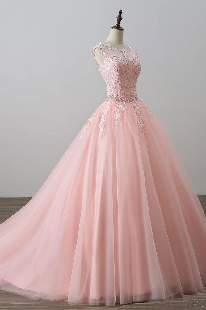 
                  
                    Pink tulle lace long prom dress, pink tulle evening dress
                  
                