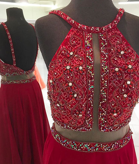 Red backless beads long prom dress, red evening dress - shdress