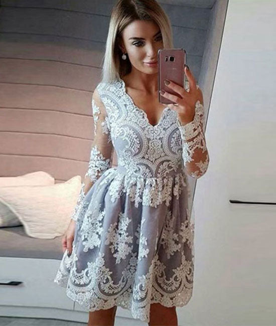 Unique lace short prom dress, lace homecoming dress - shdress