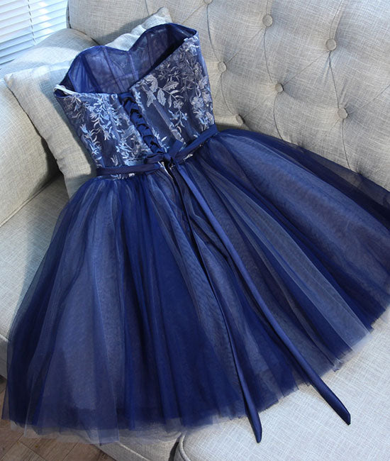 Blue sweetheart tulle lace short prom dress, homecoming dress - shdress