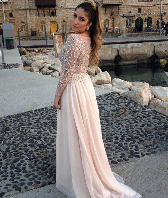 Unique round neck sequin long prom dress, evening dress - shdress