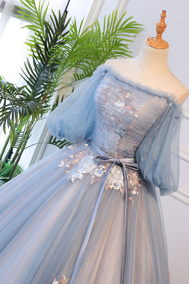 Unique blue tulle lace long prom dress, blue evening dress – shdress