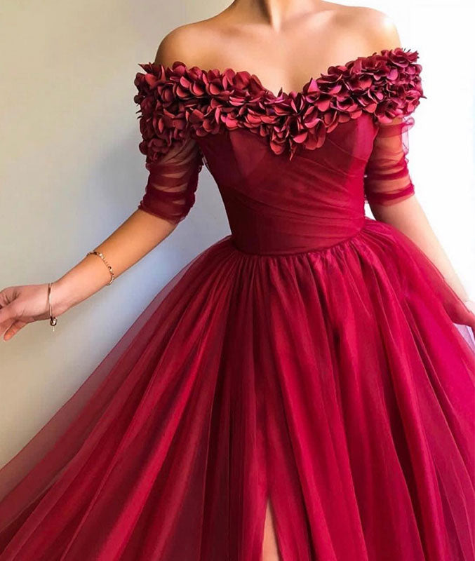 Burgundy sweetheart neck tulle long prom dress, burgundy tulle evening dress - shdress