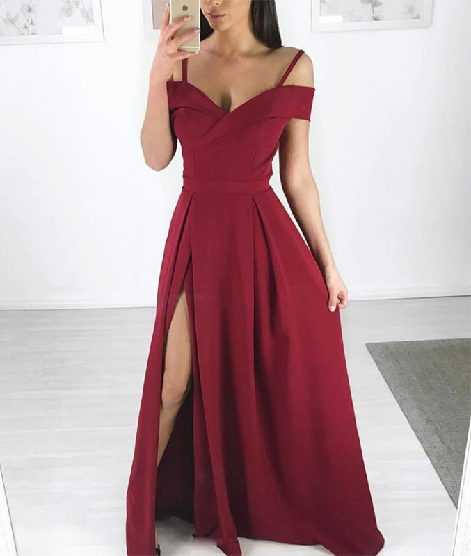 Simple burgundy long prom dress, burgundy evening dress - shdress