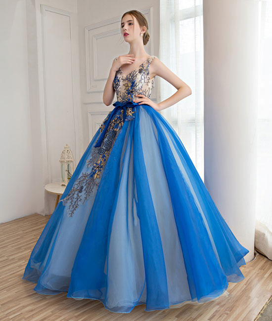 open lace back dress Royal blue tulle applique long prom dress, blue evening dress – shdress