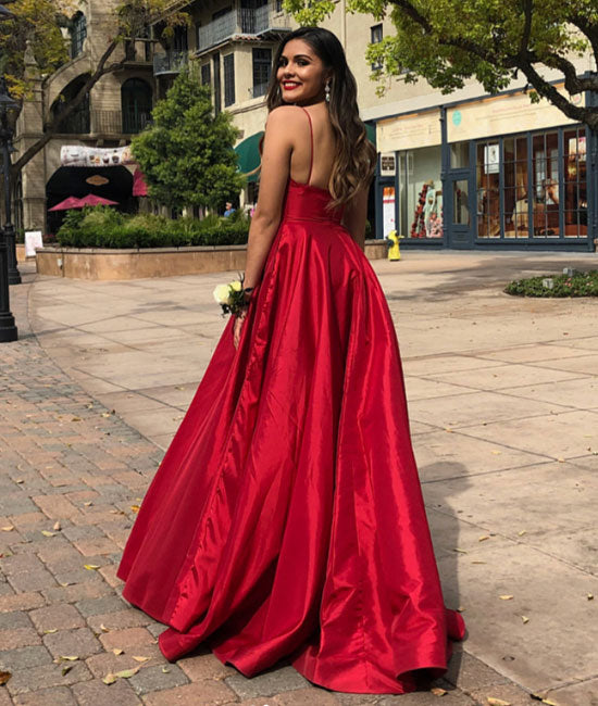 Red v neck satin long prom dress, red evening dress - shdress
