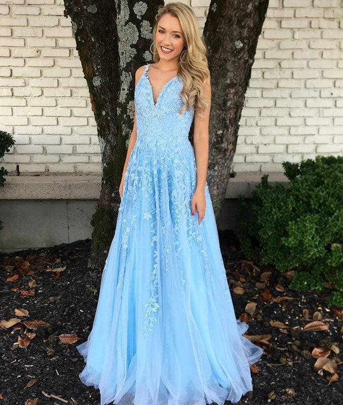 Blue v neck tulle lace long prom dress, blue tulle bridesmaid dress - shdress