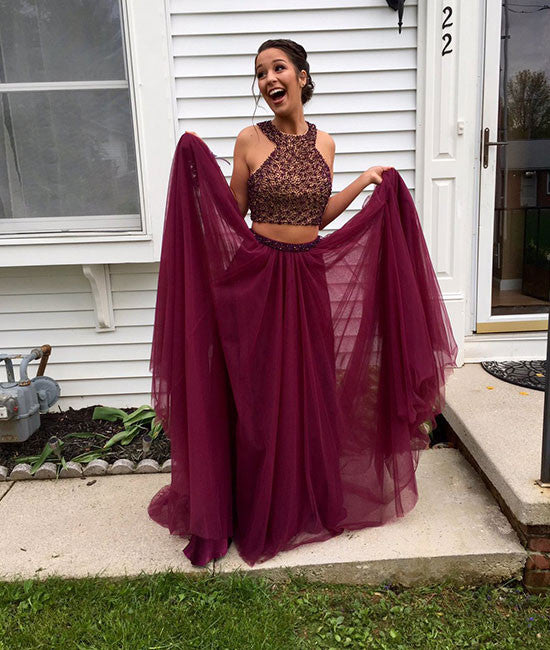 Burgundy two pieces sequin long prom dress, evening dress shdress Burgundy two pieces sequin long prom dress, evening dress shdress