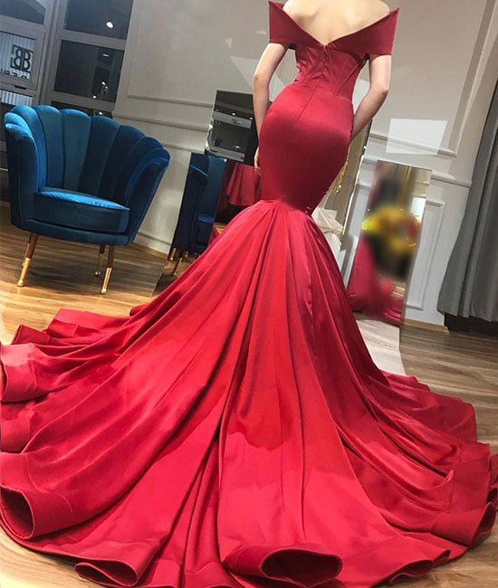 Unique red satin mermaid long prom dress, evening dress - shdress