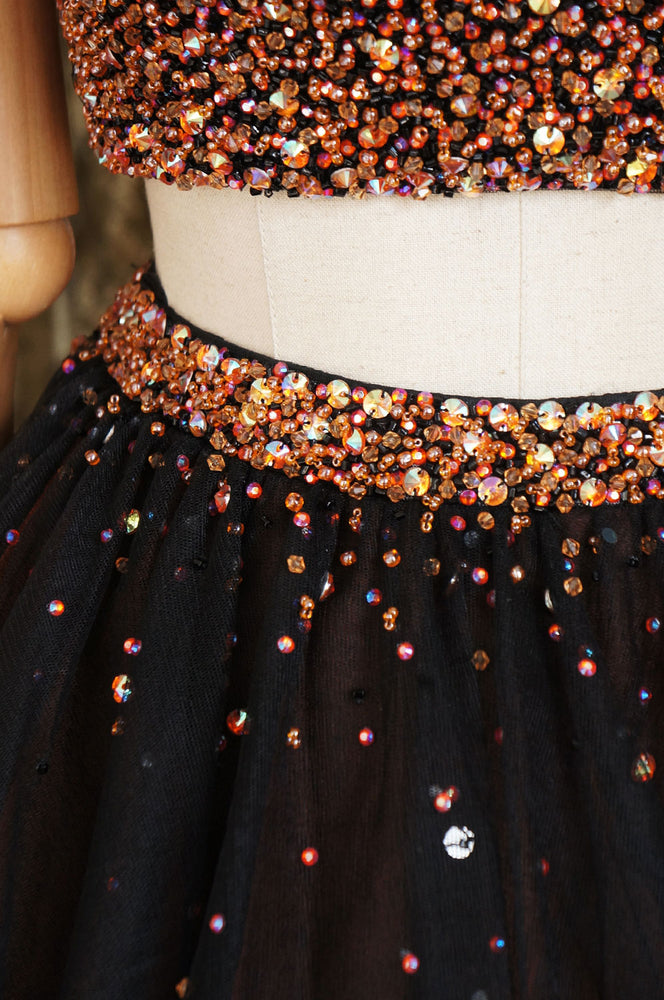 
                  
                    Black two pieces beads tulle short prom dress black homecoming dress
                  
                