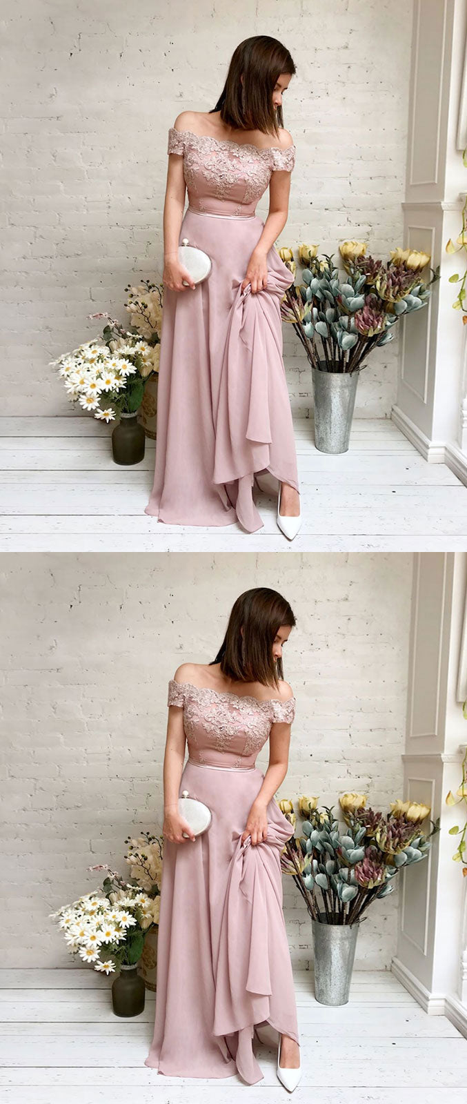 
                  
                    Pink chiffon lace off shoulder long prom dress, pink bridesmaid dress - shdress
                  
                