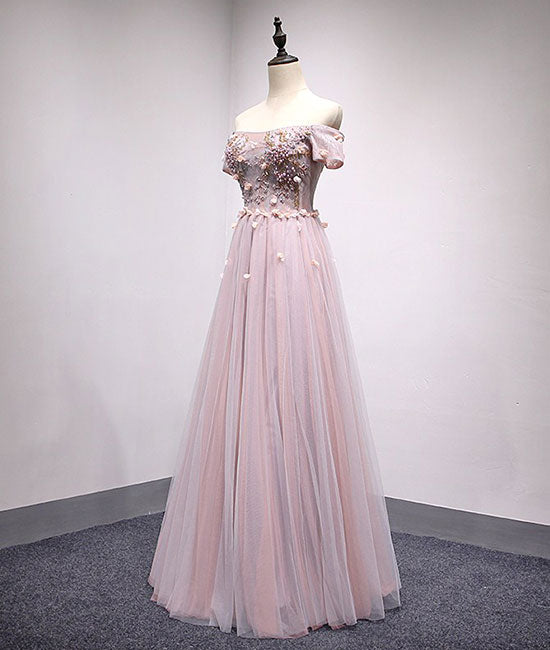 
                  
                    Light pink tulle lace applique long prom dress, tulle evening dress - shdress
                  
                