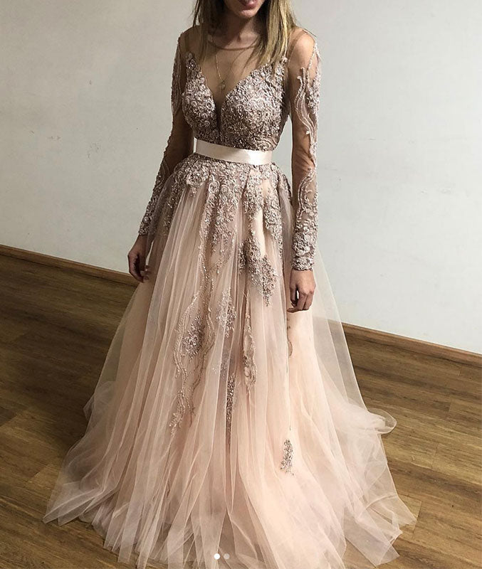 Champagne round neck lace tulle long prom dress, champagne evening dress - shdress