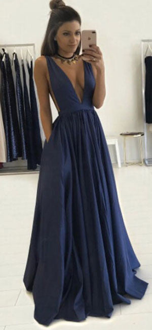 Simple v neck dark blue long prom dress, evening dress - shdress
