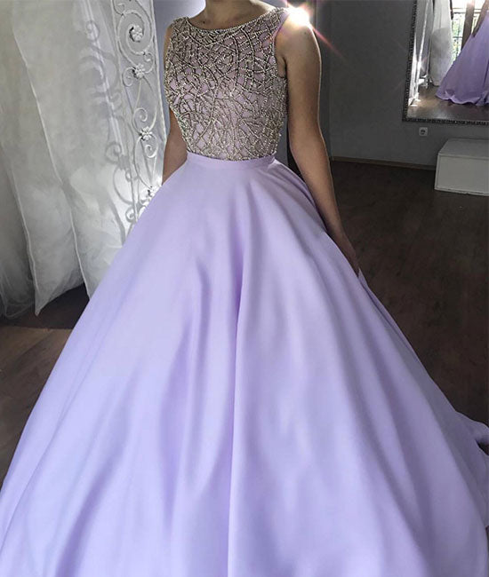 Unique round neck beads purple long prom dress, purple evening dress - shdress