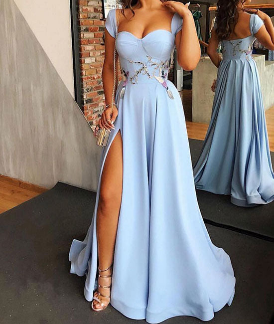 Blue sweetheart neck satin long prom dress, blue evening dress - shdress