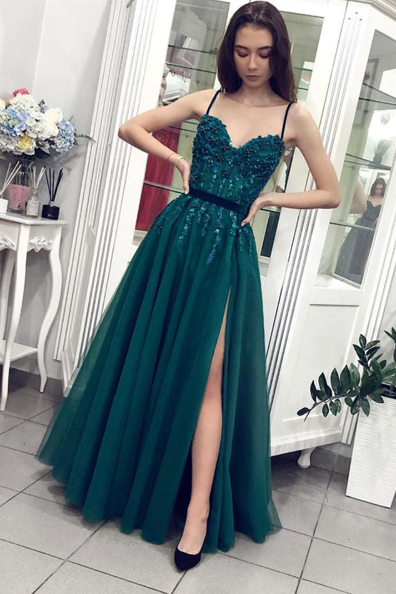 Green sweetheart lace long prom dress, green evening dress
