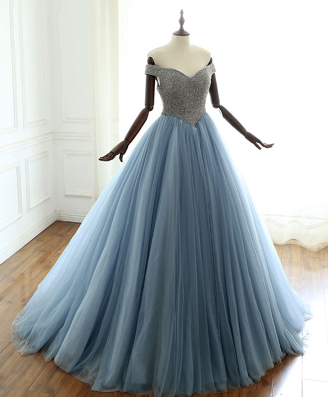 Unique gray blue tulle beads long prom dress, blue evening dress - shdress