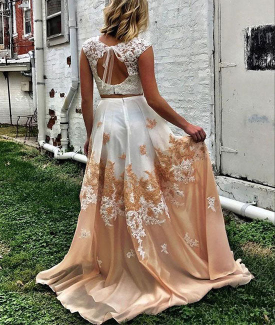 Unique two pieces long prom dress, lace long prom dress shdress Unique two pieces long prom dress, lace long prom dress shdress