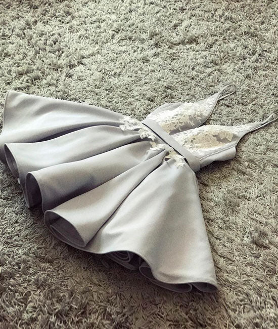 Cute gray v neck lace applique short prom dress shdress Cute gray v neck lace applique short prom dress shdress