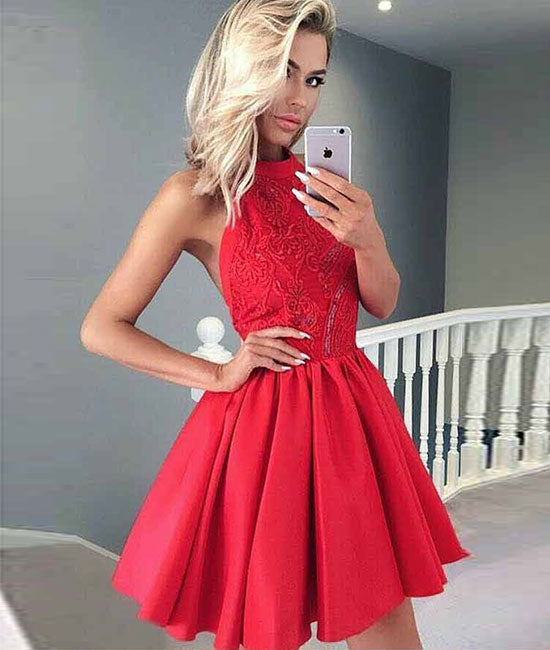 Red lace satin short prom dress, red homecoming dress - shdress