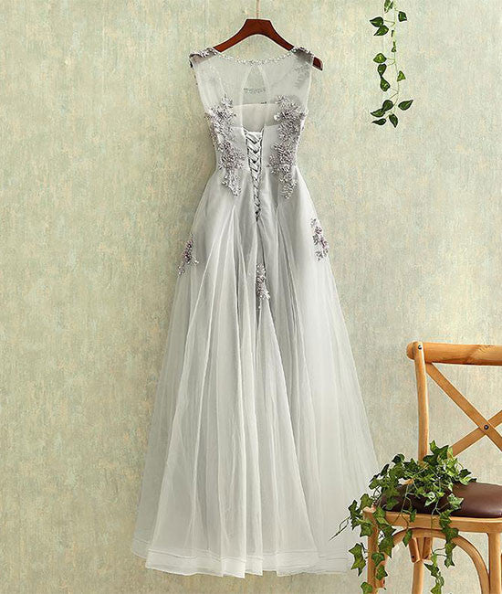 
                  
                    Gray round neck tulle lace long prom dress, gray evening dress - shdress
                  
                