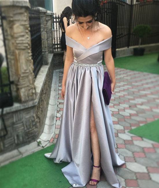 Simple gray satin long prom dress, gray evening dress - shdress