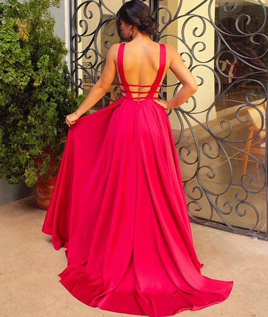 
                  
                    Unique red v neck long prom dress, red evening dress - shdress
                  
                