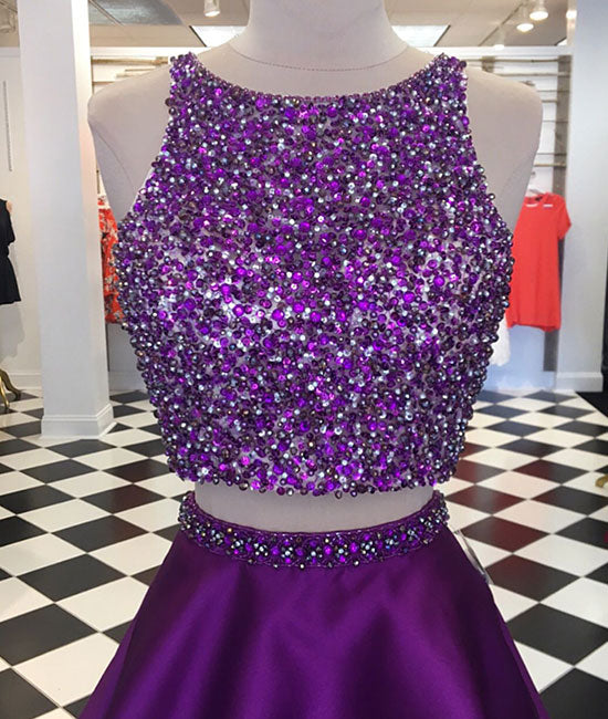 Purple two pieces sequin short prom dress, purple homecoming dress - shdress