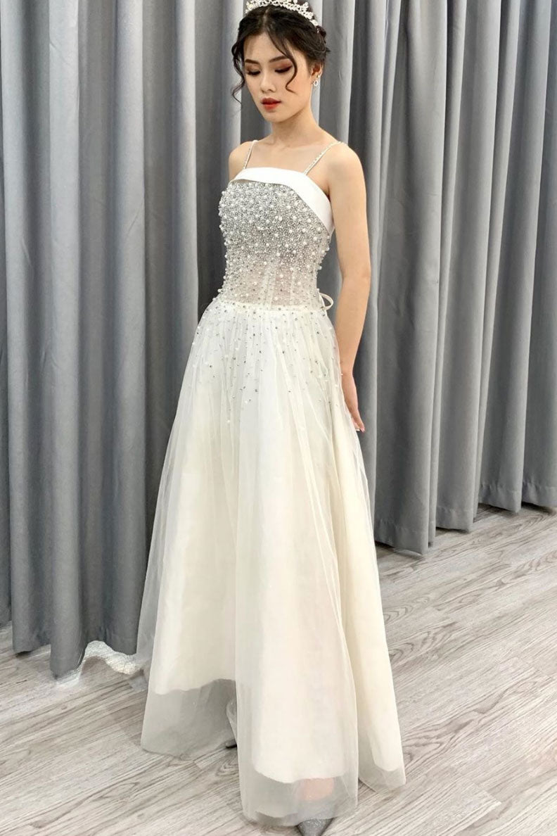 Cute tulle beads long prom dress, tulle evening dress