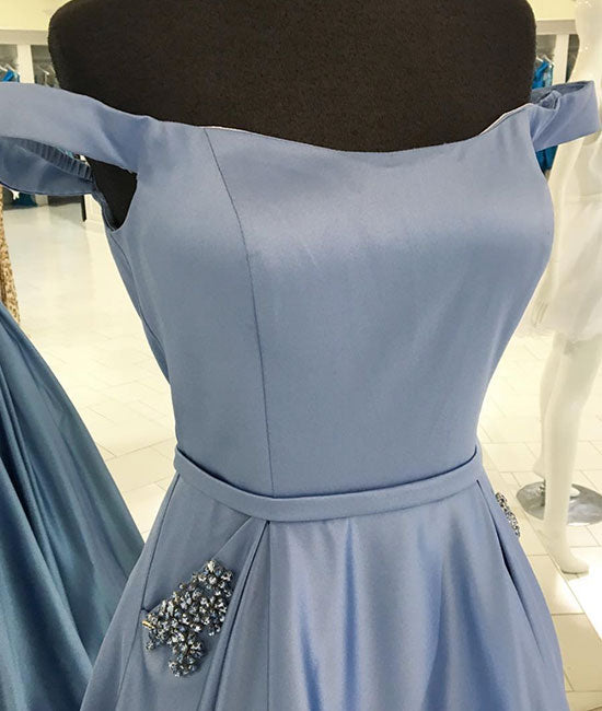 Simple off shoulder blue long prom dress, blue evening dress - shdress