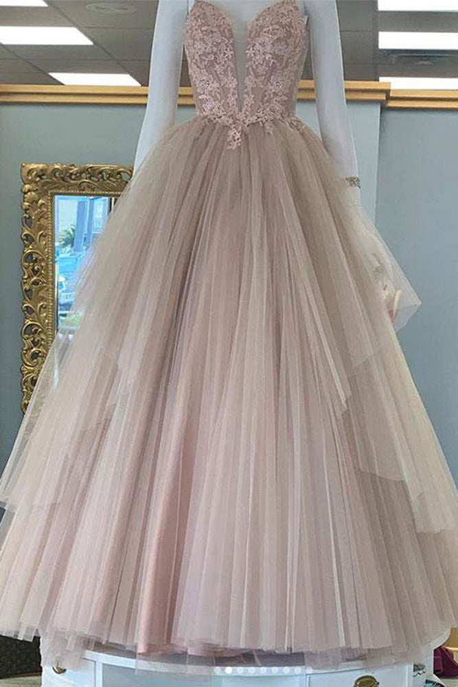 
                  
                    Champagne sweetheart tulle lace long prom dress, evening dress
                  
                