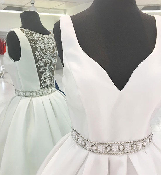 
                  
                    White v neck beads short prom dress, white homecoming dress - shdress
                  
                