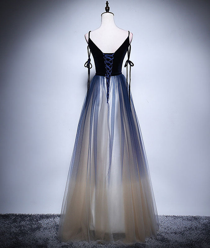 Dark blue tulle long prom dress, blue evening dress - shdress