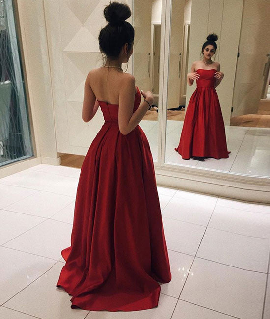 Red satin long prom dress, simple red evening dress - shdress