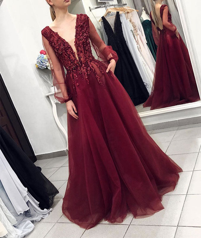 Burgundy v neck lace tulle long prom dress, burgundy evening dress - shdress