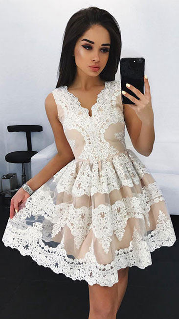 white lace short prom dress, white cute lace homecoming dress - shdress