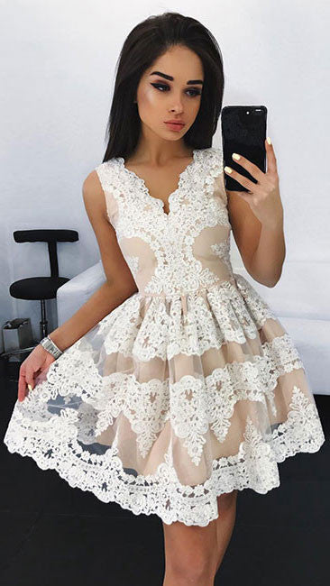 
                  
                    white lace short prom dress, white cute lace homecoming dress - shdress
                  
                