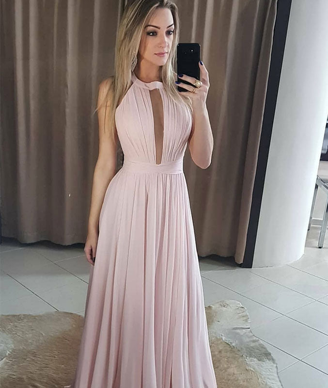 Simple pink chiffon long prom dress, pink evening dress - shdress