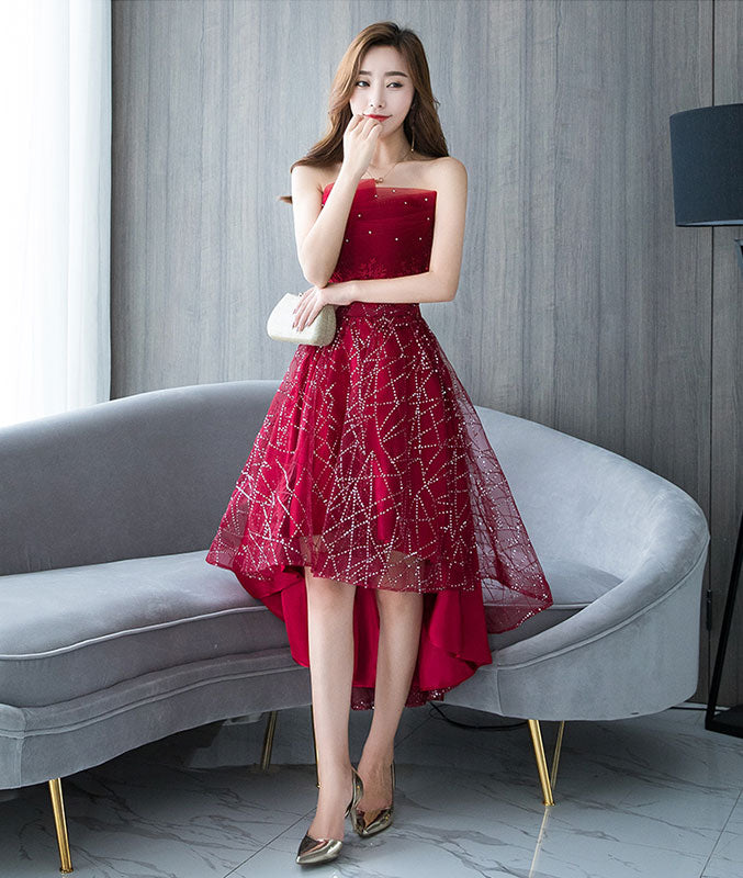 Burgundy tulle lace short prom dress, burgundy lace homecoming dress