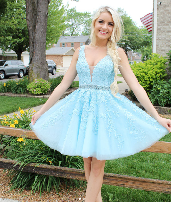 
                  
                    Blue v neck tulle lace short prom dress, blue tulle homecoming dress - shdress
                  
                
