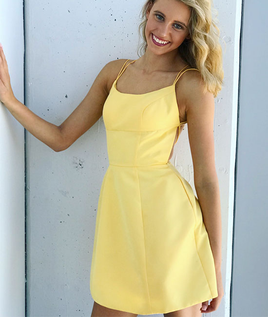 
                  
                    Simple yellow backless short prom dress, yellow homecoming dress - shdress
                  
                