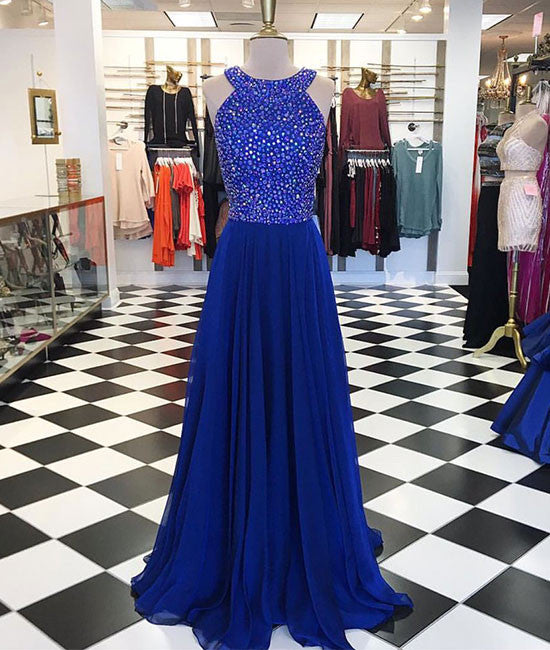 Royal blue round neck long prom dress, blue evening dress - shdress