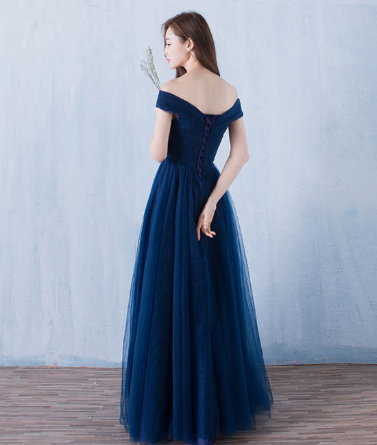 Simple A-line dark blue tulle long prom for teens, blue bridesmaid dress - shdress