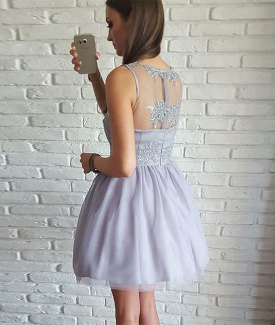 
                  
                    Gray v neck lace tulle short prom dress homecoming dress - shdress
                  
                