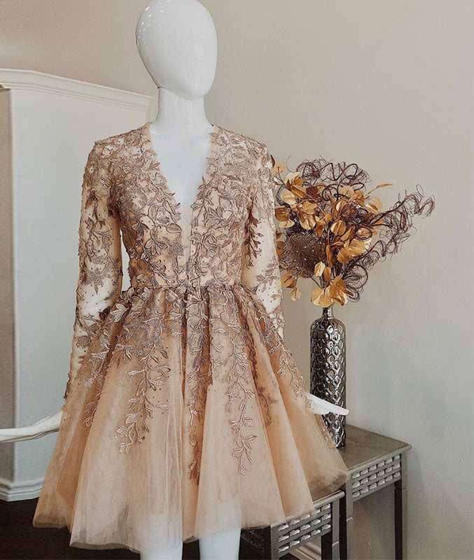 Champagne v neck lace tulle short prom dress, champagne homecoming dress - shdress