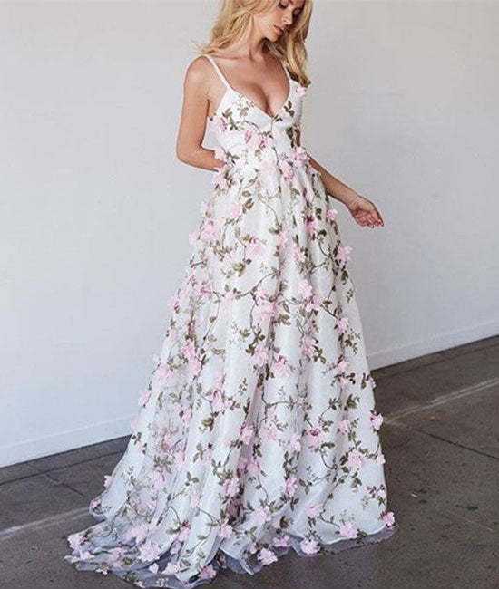 3d applique prom dress GL3719 3D Flower Applique Slit A-Line Prom Dress
