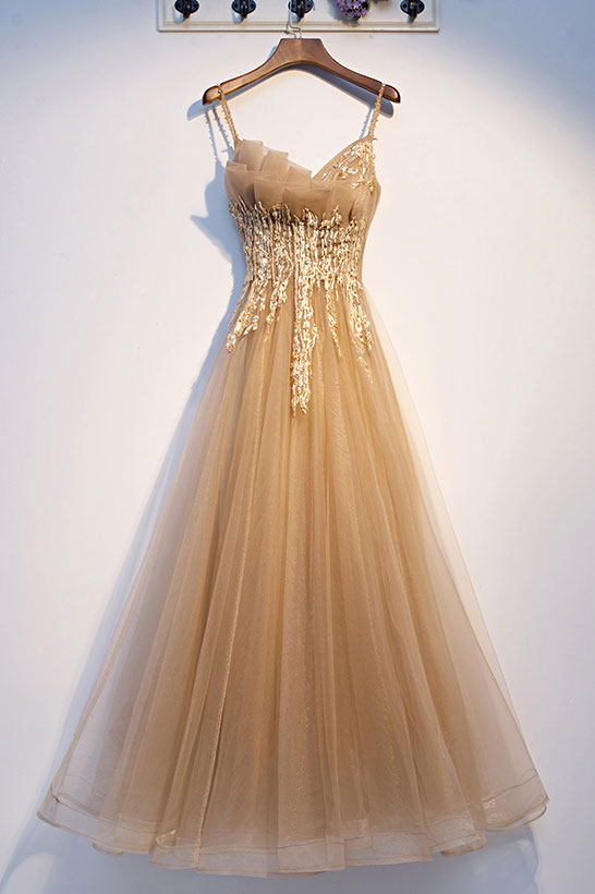 Elegant Champagne Gold Long Tulle Prom Dress With Beading - $131.9832  #MYS69064 