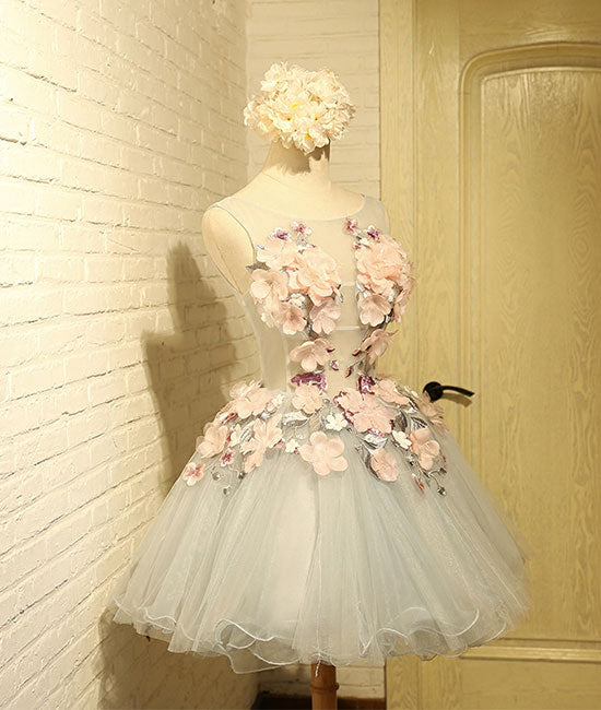 Cute round neck gray tulle lace applique short prom dresses shdress Cute round neck gray tulle lace applique short prom dresses shdress